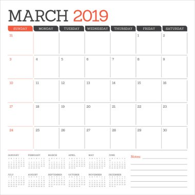 Mart 2019 Resepsiyon takvim vektör çizim, basit ve temiz tasarım.