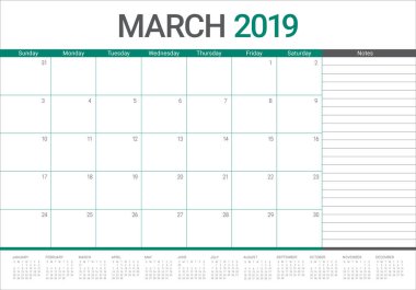 Mart 2019 Resepsiyon takvim vektör çizim, basit ve temiz tasarım.