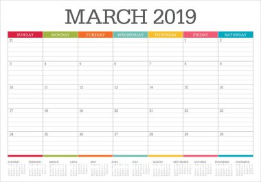 Mart 2019 Resepsiyon takvim vektör çizim, basit ve temiz tasarım.