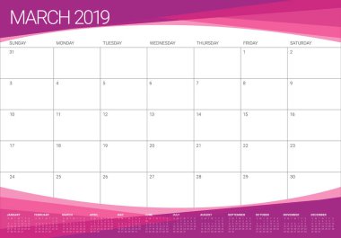 Mart 2019 Resepsiyon takvim vektör çizim, basit ve temiz tasarım.