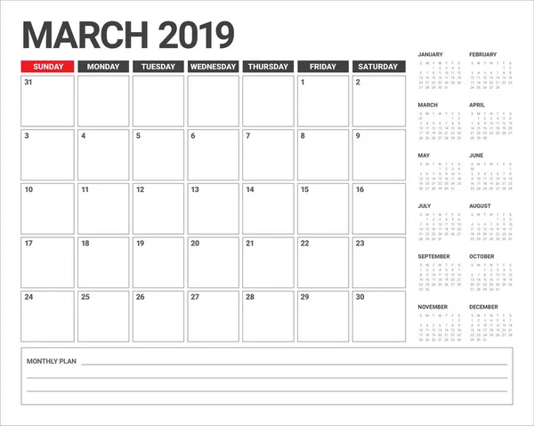 Março 2019 Mesa Calendário Vetor Ilustração Design Simples Limpo — Vetor de Stock