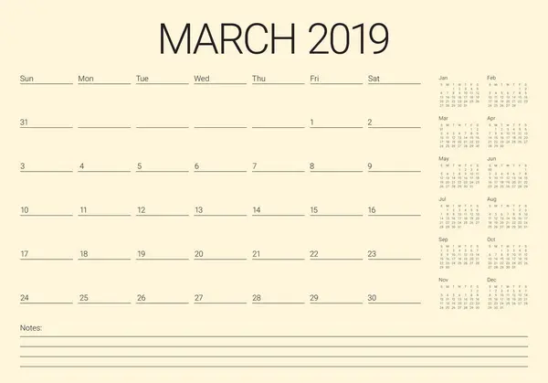 Marzo 2019 Escritorio Calendario Vector Ilustración Diseño Simple Limpio — Vector de stock