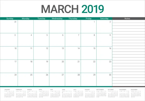 Marzo 2019 Escritorio Calendario Vector Ilustración Diseño Simple Limpio — Archivo Imágenes Vectoriales