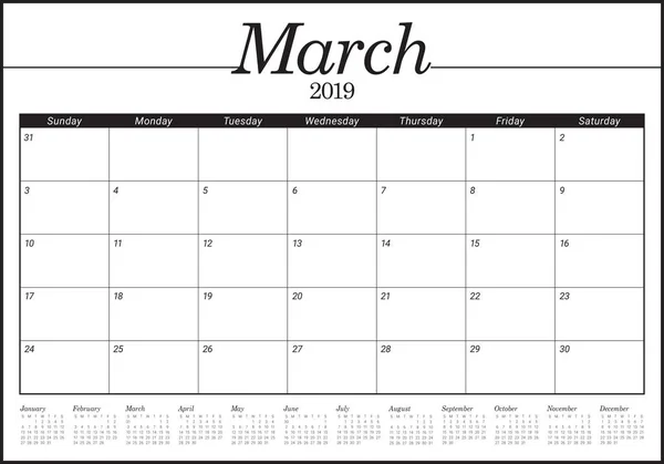 Ilustracja Wektorowa Marca 2019 Biurko Kalendarza Prosty Czysty Design — Wektor stockowy