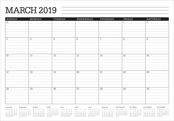 März 2019 Tischkalender Vektor Illustration Einfaches Und Sauberes Design — Stockvektor