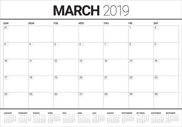 Března 2019 Stolní Kalendář Vektorové Ilustrace Jednoduchý Čistý Design — Stockový vektor