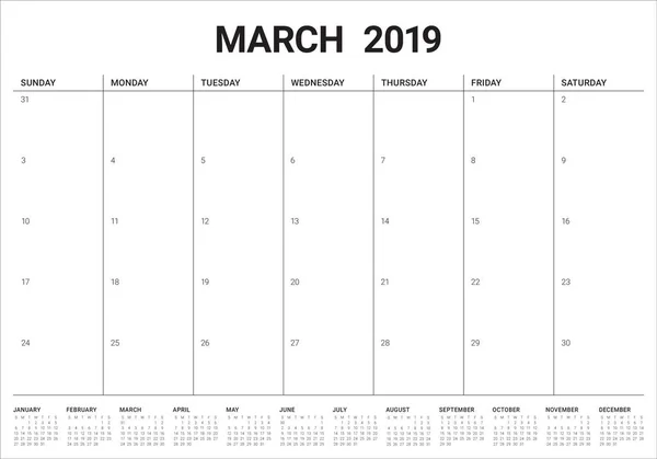 Март 2019 Настольный Календарь Векторная Иллюстрация Простой Чистый Дизайн — стоковый вектор