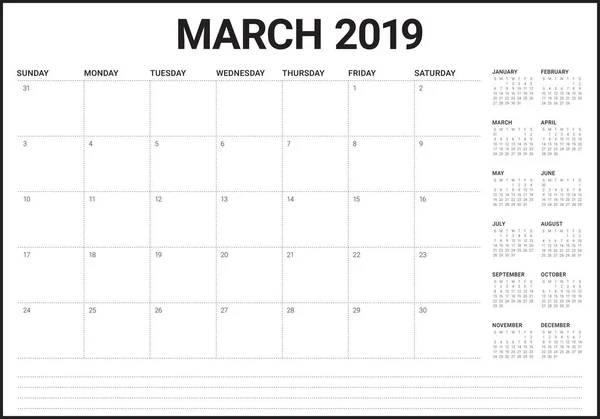 Marzo 2019 Scrivania Calendario Vettoriale Illustrazione Design Semplice Pulito — Vettoriale Stock