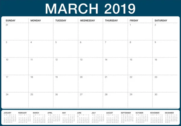 Marzo 2019 Escritorio Calendario Vector Ilustración Diseño Simple Limpio — Archivo Imágenes Vectoriales