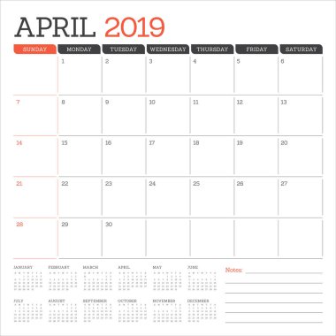 Nisan 2019 Resepsiyon takvim vektör çizim, basit ve temiz tasarım.