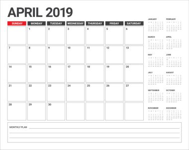 Nisan 2019 Resepsiyon takvim vektör çizim, basit ve temiz tasarım.