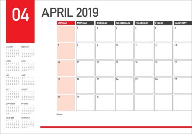 Nisan 2019 Resepsiyon takvim vektör çizim, basit ve temiz tasarım.