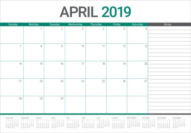 Nisan 2019 Resepsiyon takvim vektör çizim, basit ve temiz tasarım.