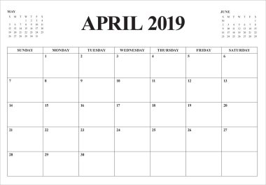 Nisan 2019 Resepsiyon takvim vektör çizim, basit ve temiz tasarım.