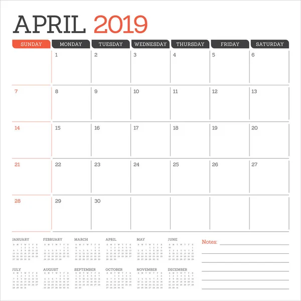 Abril 2019 Mesa Calendário Vetor Ilustração Design Simples Limpo — Vetor de Stock