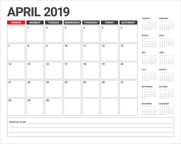 Abril 2019 Mesa Calendário Vetor Ilustração Design Simples Limpo — Vetor de Stock