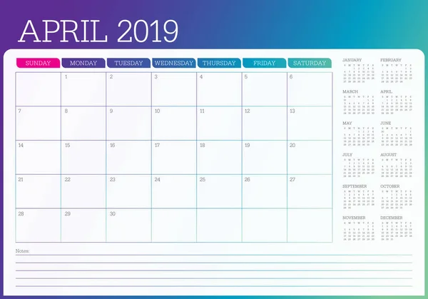 Avril 2019 Illustration Vectorielle Calendrier Bureau Design Simple Propre — Image vectorielle