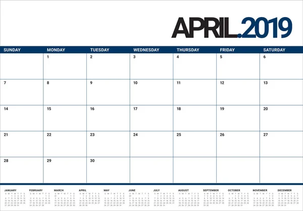 Abril 2019 Escritorio Calendario Vector Ilustración Diseño Simple Limpio — Archivo Imágenes Vectoriales