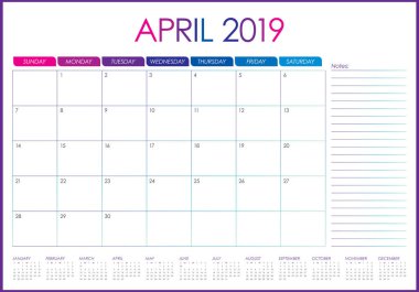 Nisan 2019 Resepsiyon takvim vektör çizim, basit ve temiz tasarım.