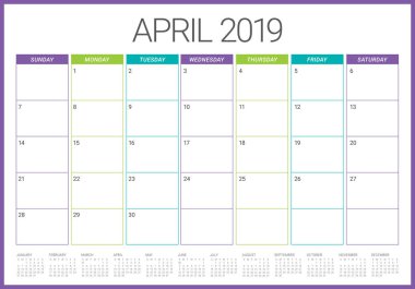 Nisan 2019 Resepsiyon takvim vektör çizim, basit ve temiz tasarım.