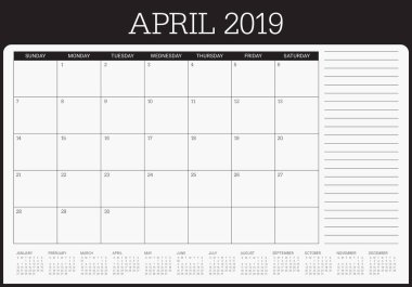Nisan 2019 Resepsiyon takvim vektör çizim, basit ve temiz tasarım.