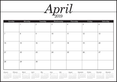 Nisan 2019 Resepsiyon takvim vektör çizim, basit ve temiz tasarım.