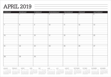Nisan 2019 Resepsiyon takvim vektör çizim, basit ve temiz tasarım.