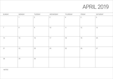 Nisan 2019 Resepsiyon takvim vektör çizim, basit ve temiz tasarım.