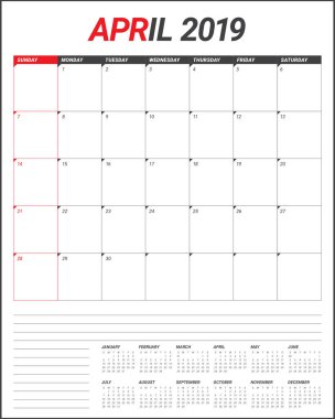Nisan 2019 Resepsiyon takvim vektör çizim, basit ve temiz tasarım.