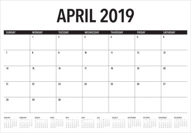 Nisan 2019 Resepsiyon takvim vektör çizim, basit ve temiz tasarım.