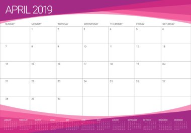 Nisan 2019 Resepsiyon takvim vektör çizim, basit ve temiz tasarım.