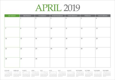 Nisan 2019 Resepsiyon takvim vektör çizim, basit ve temiz tasarım.