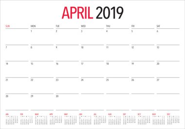 Nisan 2019 Resepsiyon takvim vektör çizim, basit ve temiz tasarım.