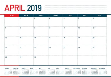 Nisan 2019 Resepsiyon takvim vektör çizim, basit ve temiz tasarım.