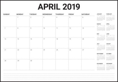Nisan 2019 Resepsiyon takvim vektör çizim, basit ve temiz tasarım.