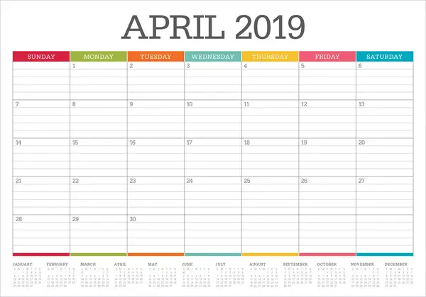 Abril 2019 Mesa Calendário Vetor Ilustração Design Simples Limpo — Vetor de Stock