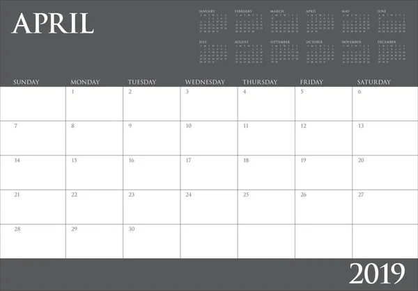 Avril 2019 Illustration Vectorielle Calendrier Bureau Design Simple Propre — Image vectorielle