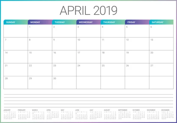 Avril 2019 Illustration Vectorielle Calendrier Bureau Design Simple Propre — Image vectorielle