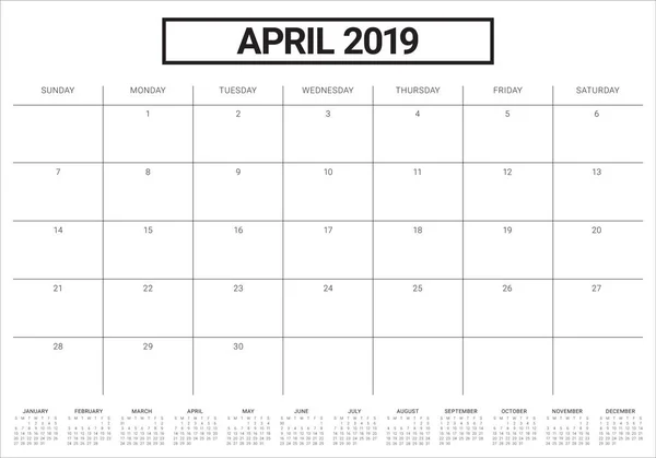 Abril 2019 Mesa Calendário Vetor Ilustração Design Simples Limpo — Vetor de Stock