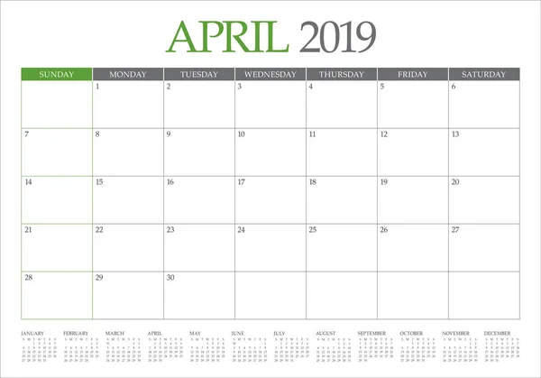 Abril 2019 Mesa Calendário Vetor Ilustração Design Simples Limpo — Vetor de Stock