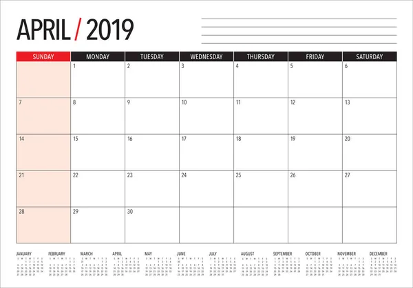 Duben 2019 Stolní Kalendář Vektorové Ilustrace Jednoduchý Čistý Design — Stockový vektor