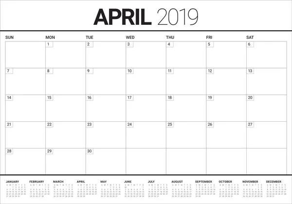 Avril 2019 Illustration Vectorielle Calendrier Bureau Design Simple Propre — Image vectorielle