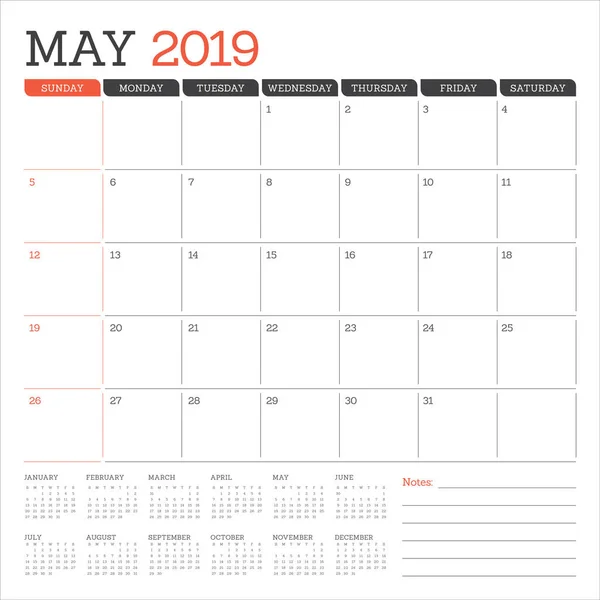 Ilustracja Wektorowa Maja 2019 Biurko Kalendarza Prosty Czysty Design — Wektor stockowy