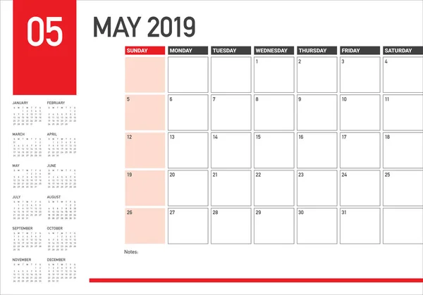 Mayo 2019 Escritorio Calendario Vector Ilustración Diseño Simple Limpio — Vector de stock