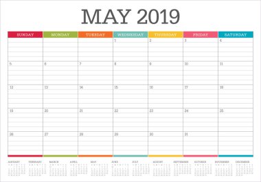 Mayıs 2019 Resepsiyon takvim vektör çizim, basit ve temiz tasarım.