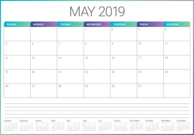 Mayıs 2019 Resepsiyon takvim vektör çizim, basit ve temiz tasarım.