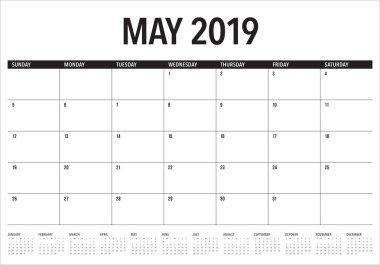 Mayıs 2019 Resepsiyon takvim vektör çizim, basit ve temiz tasarım.