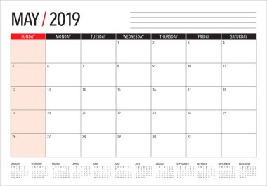 Mayıs 2019 Resepsiyon takvim vektör çizim, basit ve temiz tasarım.