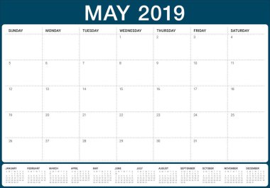 Mayıs 2019 Resepsiyon takvim vektör çizim, basit ve temiz tasarım.