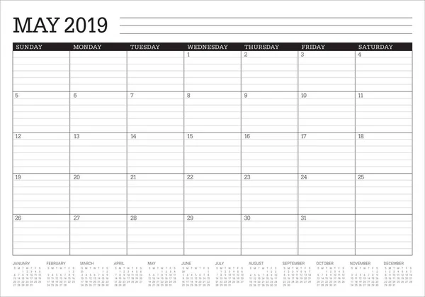 Май 2019 Года Настольный Календарь Векторная Иллюстрация Простой Чистый Дизайн — стоковый вектор
